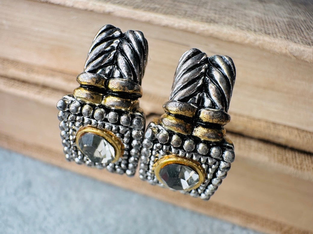 Premier Designs Twisted Rope Etruscan Earrings, Vintage Rhinestone Mixed Metal Half Hoop Silver and Gold 1980s Huggie Clip On Earrings