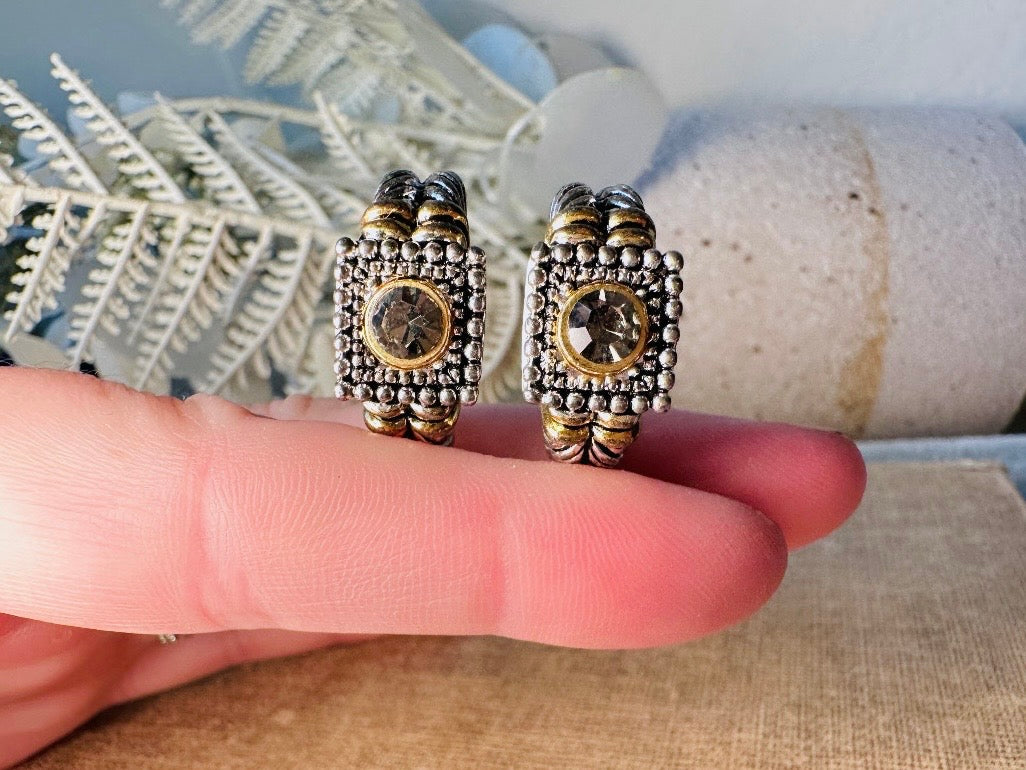 Premier Designs Twisted Rope Etruscan Earrings, Vintage Rhinestone Mixed Metal Half Hoop Silver and Gold 1980s Huggie Clip On Earrings