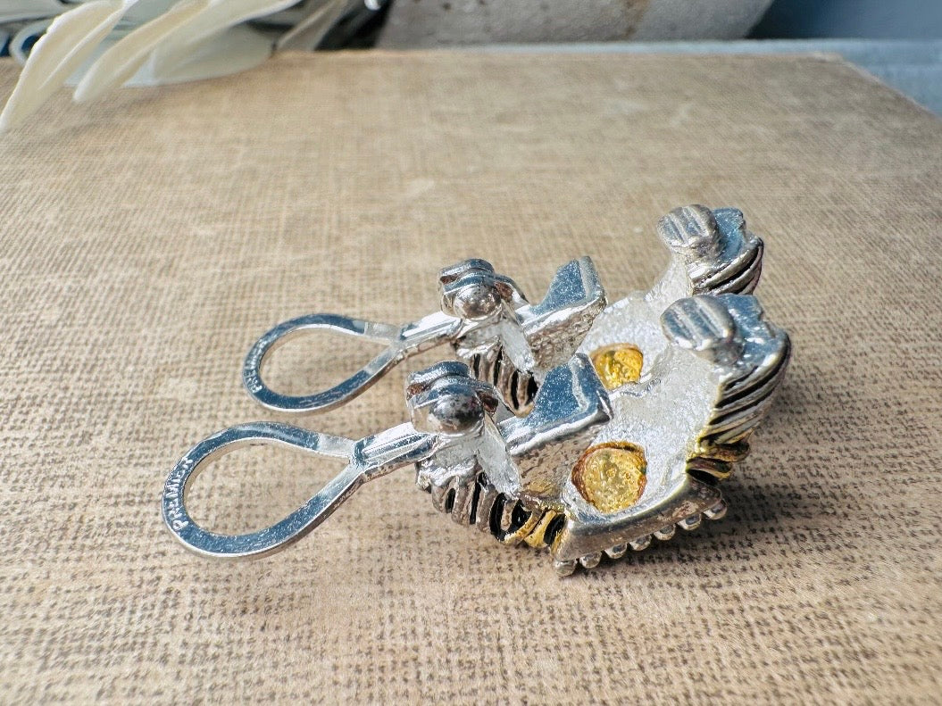 Premier Designs Twisted Rope Etruscan Earrings, Vintage Rhinestone Mixed Metal Half Hoop Silver and Gold 1980s Huggie Clip On Earrings