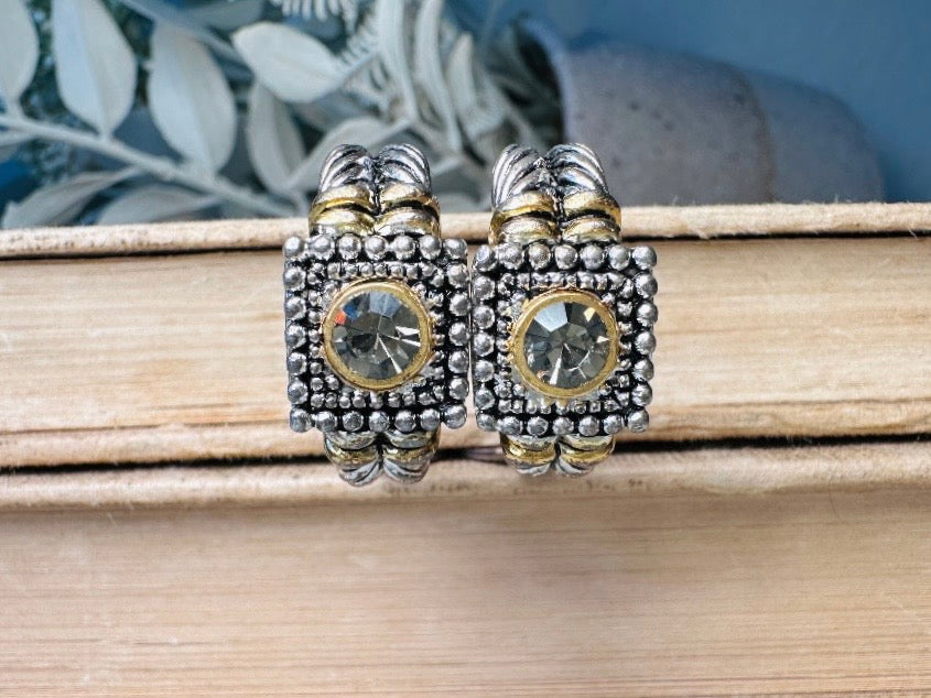 Premier Designs Twisted Rope Etruscan Earrings, Vintage Rhinestone Mixed Metal Half Hoop Silver and Gold 1980s Huggie Clip On Earrings