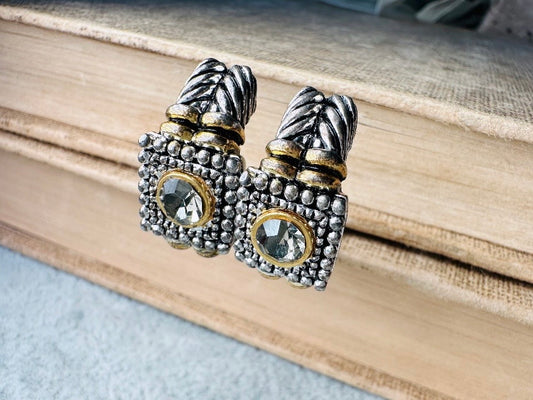 Premier Designs Twisted Rope Etruscan Earrings, Vintage Rhinestone Mixed Metal Half Hoop Silver and Gold 1980s Huggie Clip On Earrings