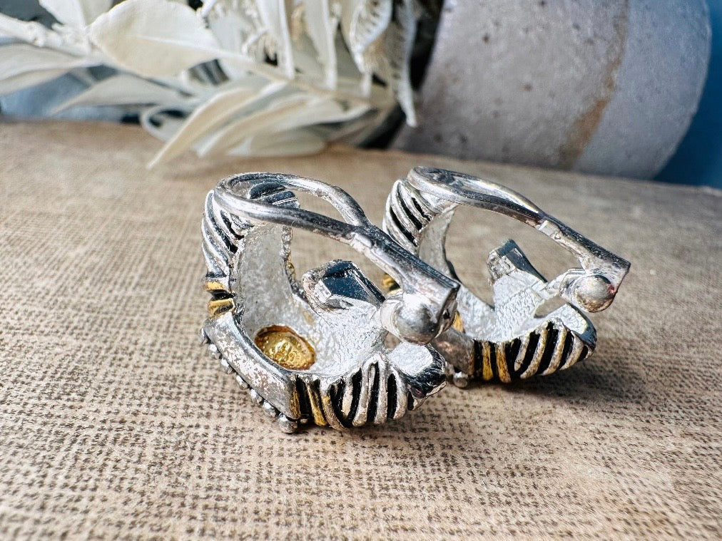 Premier Designs Twisted Rope Etruscan Earrings, Vintage Rhinestone Mixed Metal Half Hoop Silver and Gold 1980s Huggie Clip On Earrings