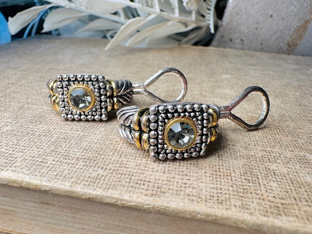 Premier Designs Twisted Rope Etruscan Earrings, Vintage Rhinestone Mixed Metal Half Hoop Silver and Gold 1980s Huggie Clip On Earrings