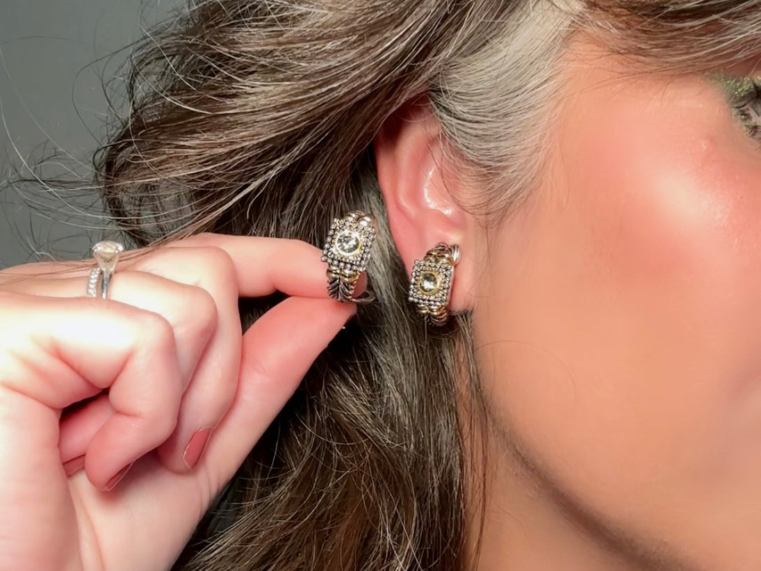 Premier Designs Twisted Rope Etruscan Earrings, Vintage Rhinestone Mixed Metal Half Hoop Silver and Gold 1980s Huggie Clip On Earrings