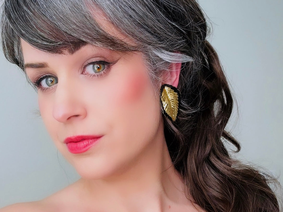 Vintage Gold Leaf Earrings with Black Enamel Tips, Gold Leaves Clip On Earrings, 1980s Statement Earring, Whimsical Clip-Ons for Non-Pierced from Piggle and Pop