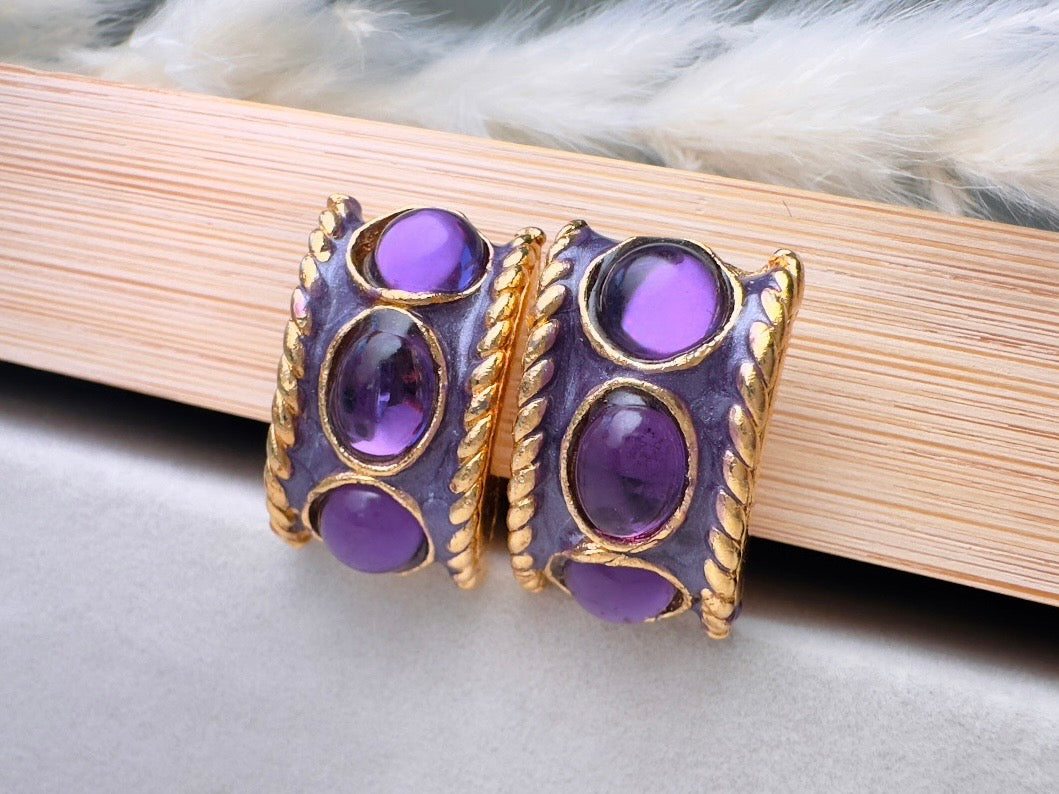 Purple Gripoix Earrings, Vintage Jelly Belly Cabochon 80s Earrings,