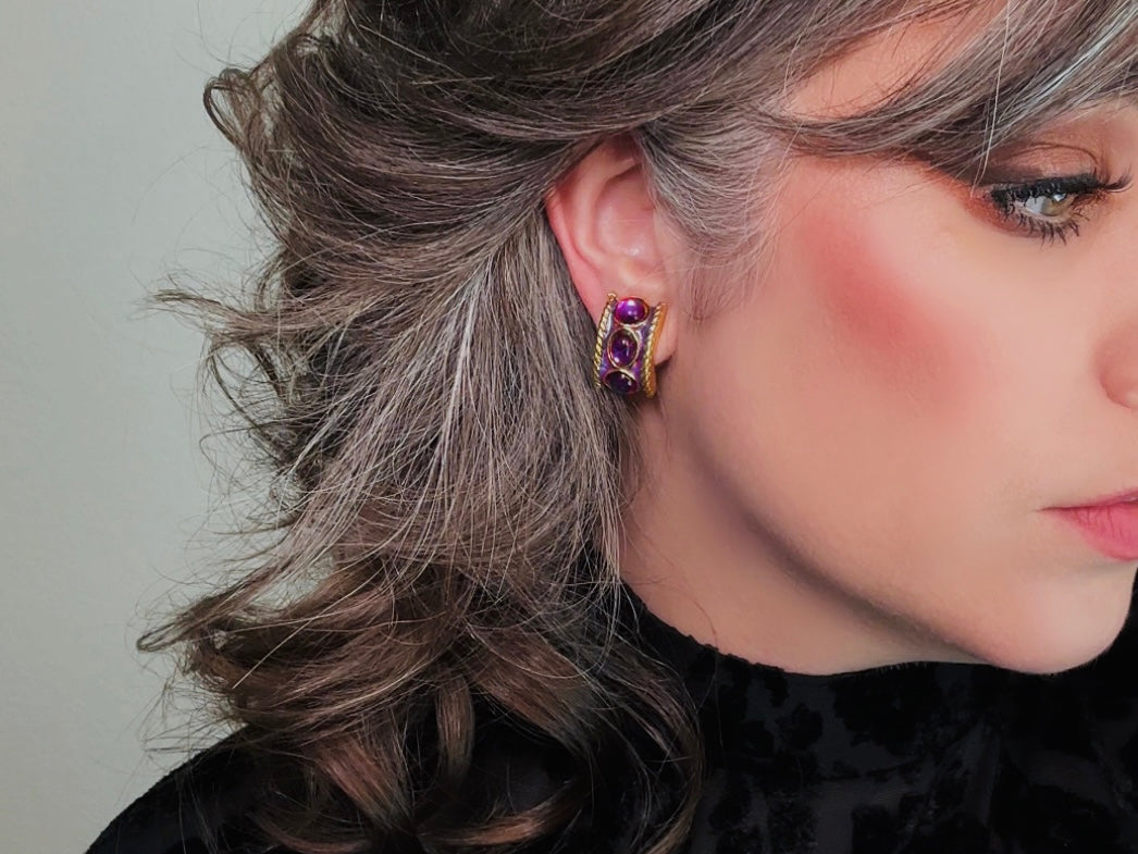 Purple Gripoix Earrings, Vintage Jelly Belly Cabochon Earrings