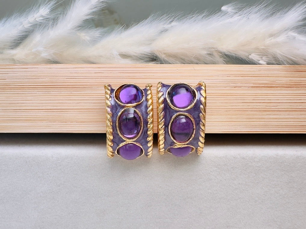 Purple Gripoix Earrings, Vintage Jelly Belly Cabochon Earrings
