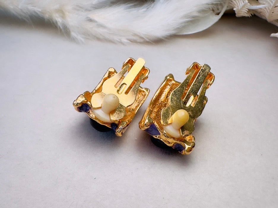 Purple Gripoix Earrings, Vintage Jelly Belly Cabochon Earrings