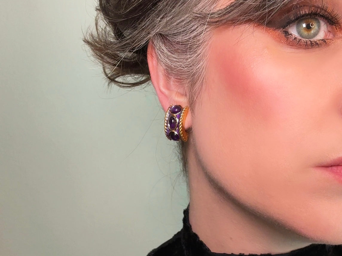 Purple Gripoix Earrings, Vintage Jelly Belly Cabochon Earrings