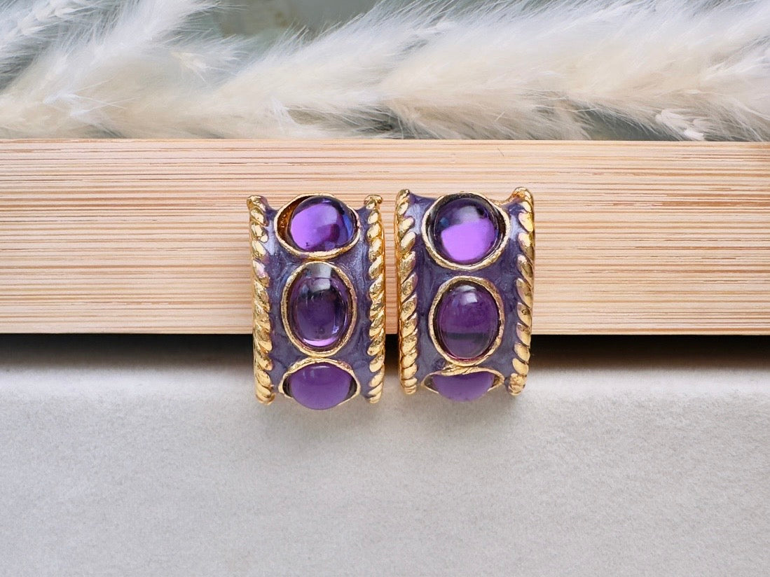 Purple Gripoix Earrings, Vintage Jelly Belly Cabochon Earrings