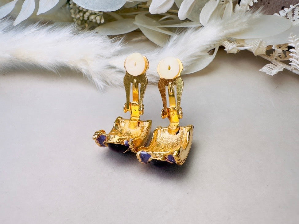 Purple Gripoix Earrings, Vintage Jelly Belly Cabochon Earrings