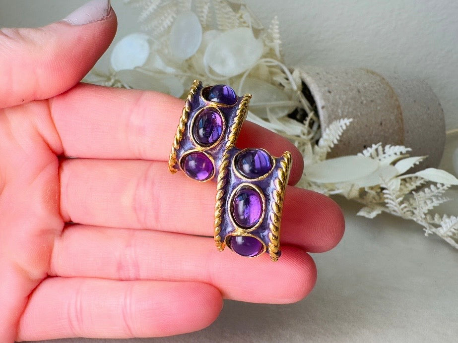 Purple Gripoix Earrings, Vintage Jelly Belly Cabochon Earrings