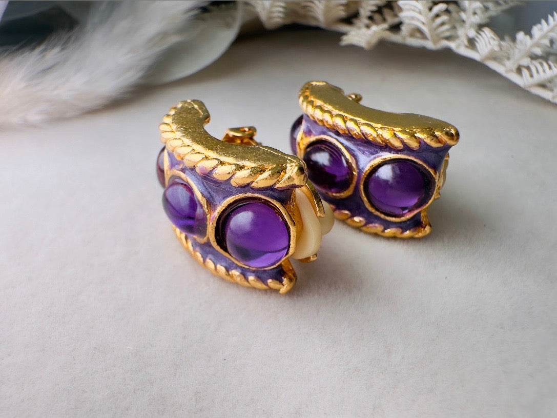 Purple Gripoix Earrings, Vintage Jelly Belly Cabochon Earrings