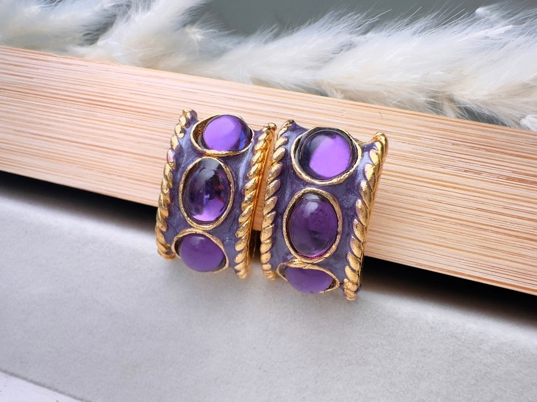 Purple Gripoix Earrings, Vintage Jelly Belly Cabochon Earrings