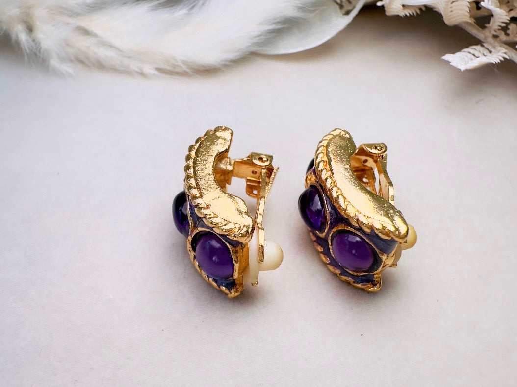 Purple Gripoix Earrings, Vintage Jelly Belly Cabochon Earrings