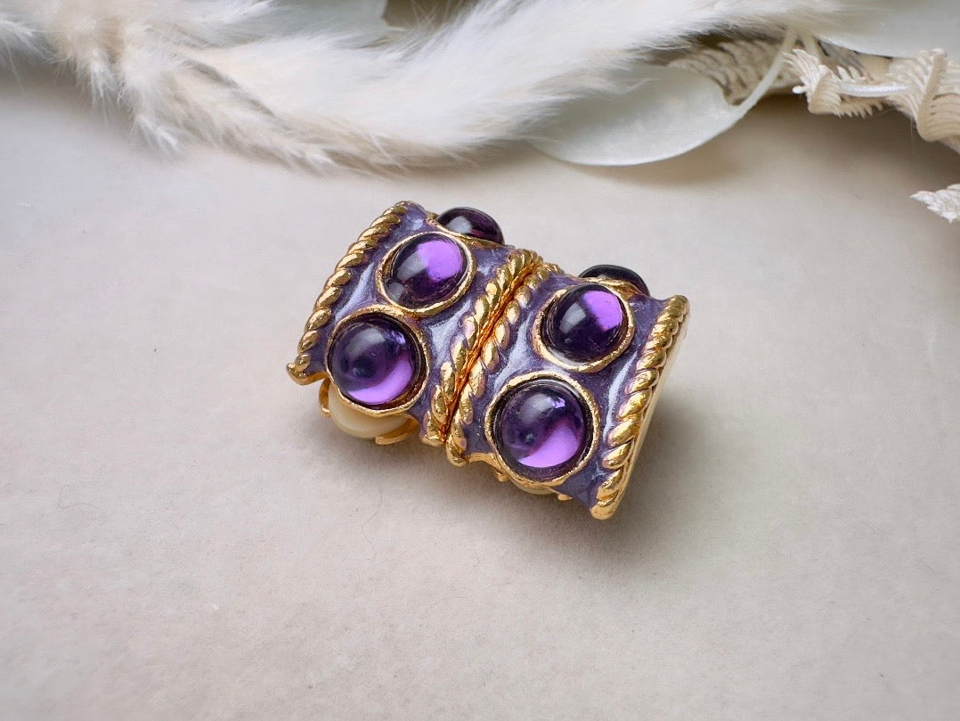 Purple Gripoix Earrings, Vintage Jelly Belly Cabochon Earrings