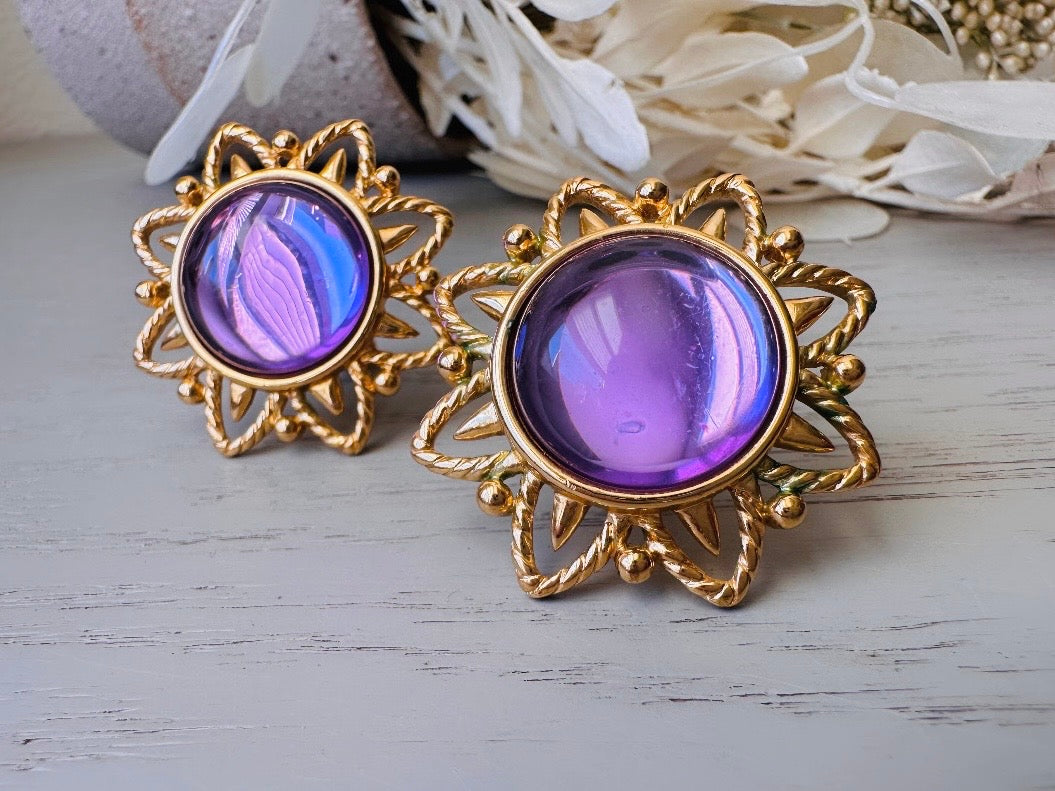 Purple Trifari Jelly Belly Sun Earrings, Rare Moonglow Violet Domed Glass Earrings