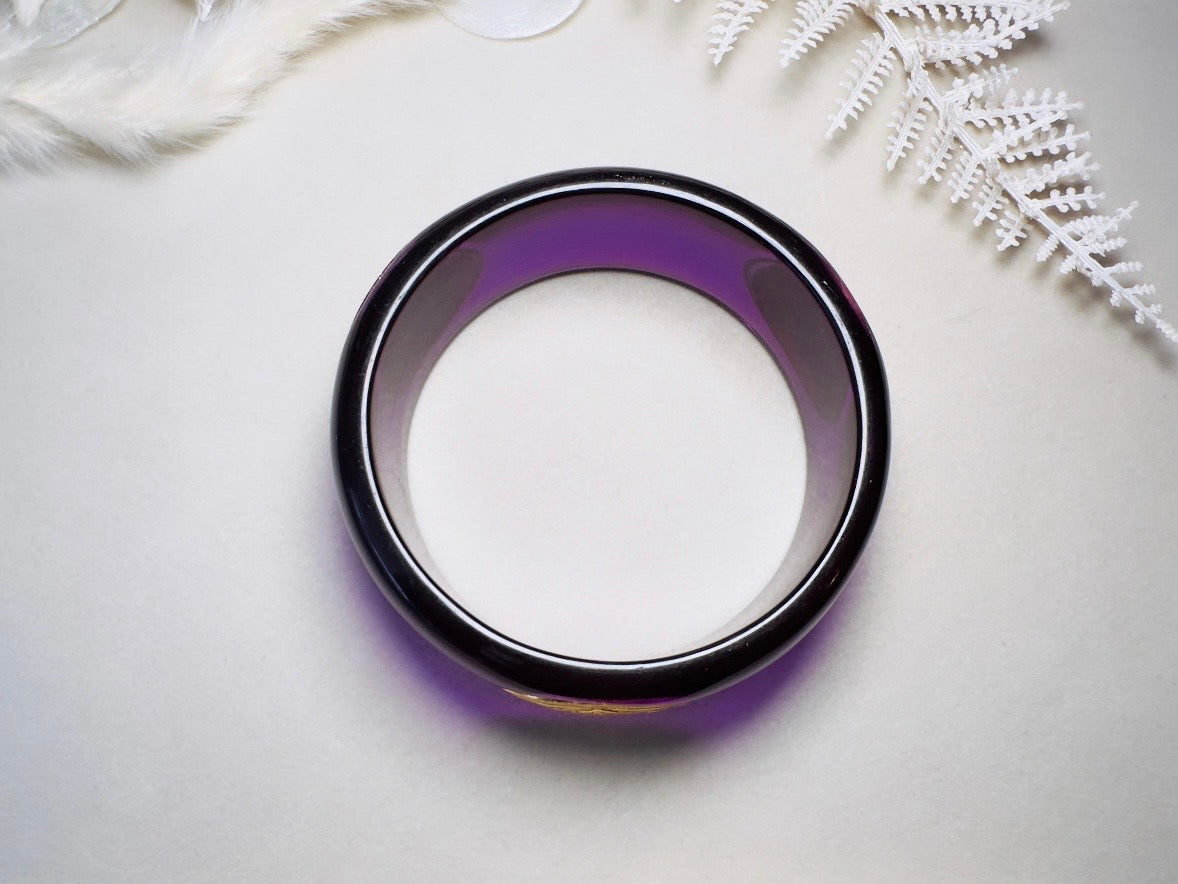 Purple Vintage Bangle Bracelet, Liz Claiborne 80s Translucent Lucite Bracelet with Three Etruscan Gold Heart Shields