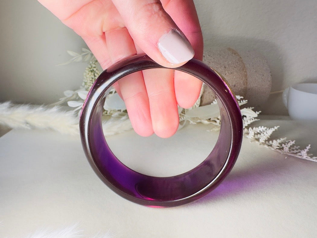 Purple Vintage Bangle Bracelet, Liz Claiborne 80s Translucent Lucite Bracelet with Three Etruscan Gold Heart Shields