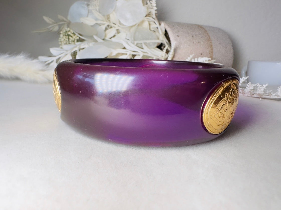 Purple Vintage Bangle Bracelet, Liz Claiborne 80s Translucent Lucite Bracelet with Three Etruscan Gold Heart Shields