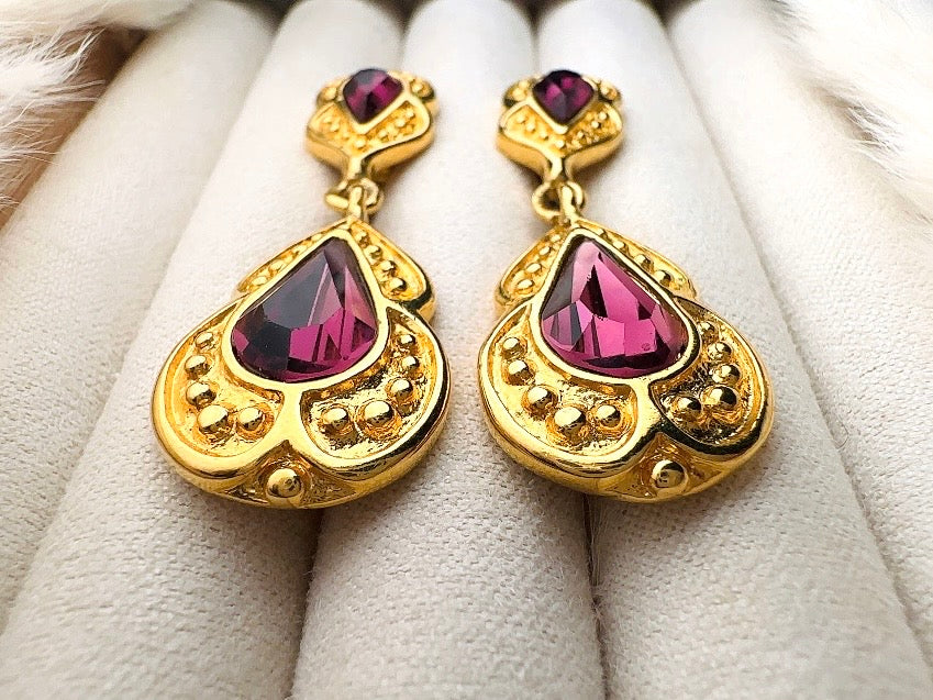 Purple and Gold Vintage Drop Earrings, Elegant Signed Napier Dangle Earrings with Deep Amethyst Rhinestones