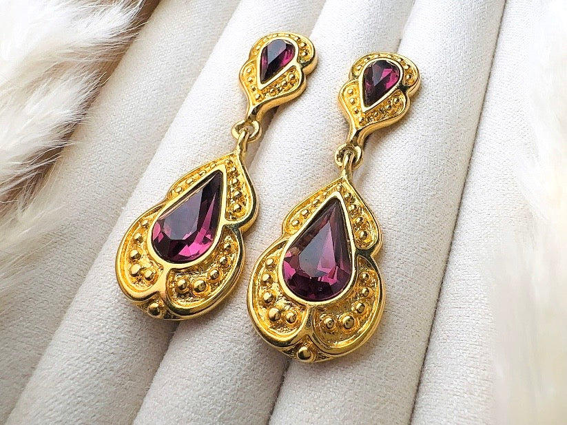 Purple and Gold Vintage Drop Earrings, Elegant Signed Napier Dangle Earrings with Deep Amethyst Rhinestones