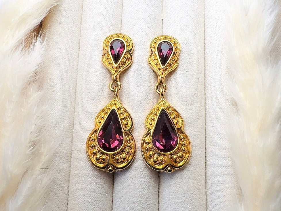 Purple and Gold Vintage Drop Earrings, Elegant Signed Napier Dangle Earrings with Deep Amethyst Rhinestones