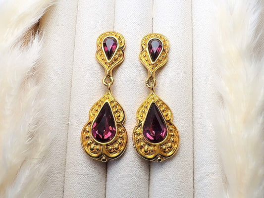 Purple and Gold Vintage Drop Earrings, Elegant Signed Napier Dangle Earrings with Deep Amethyst Rhinestones