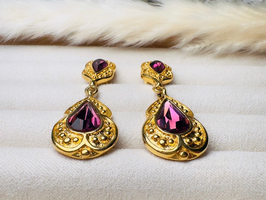 Purple and Gold Vintage Drop Earrings, Elegant Signed Napier Dangle Earrings with Deep Amethyst Rhinestones