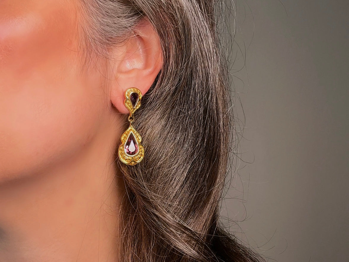 Purple and Gold Vintage Drop Earrings, Elegant Signed Napier Dangle Earrings with Deep Amethyst Rhinestones
