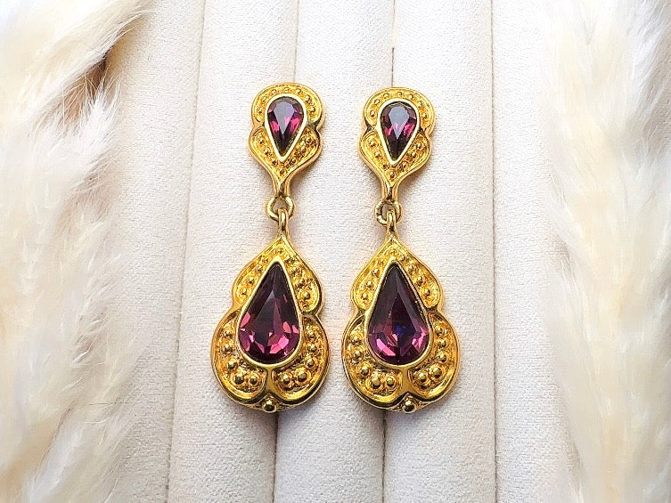 Purple and Gold Vintage Drop Earrings, Elegant Signed Napier Dangle Earrings with Deep Amethyst Rhinestones