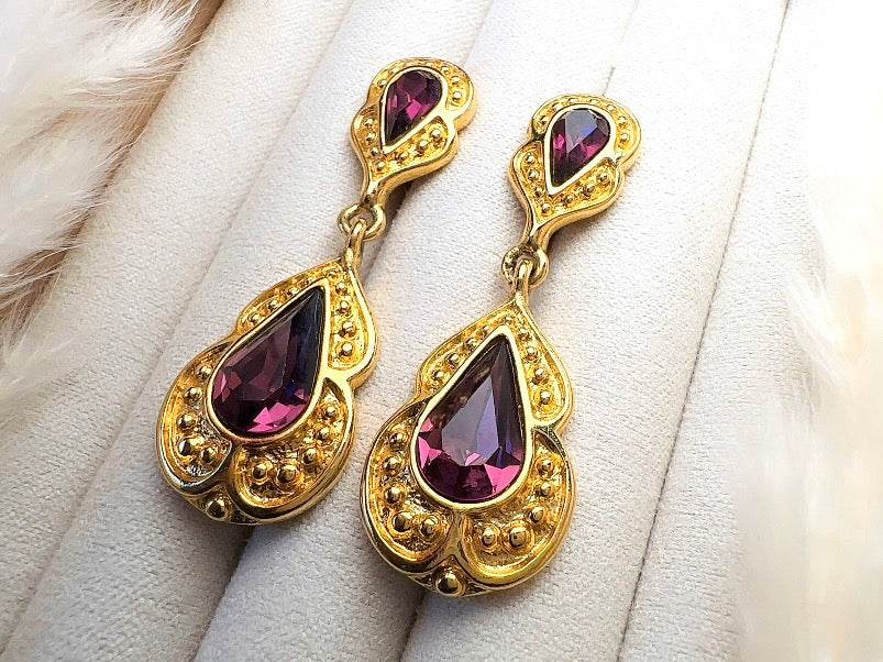Purple and Gold Vintage Drop Earrings, Elegant Signed Napier Dangle Earrings with Deep Amethyst Rhinestones