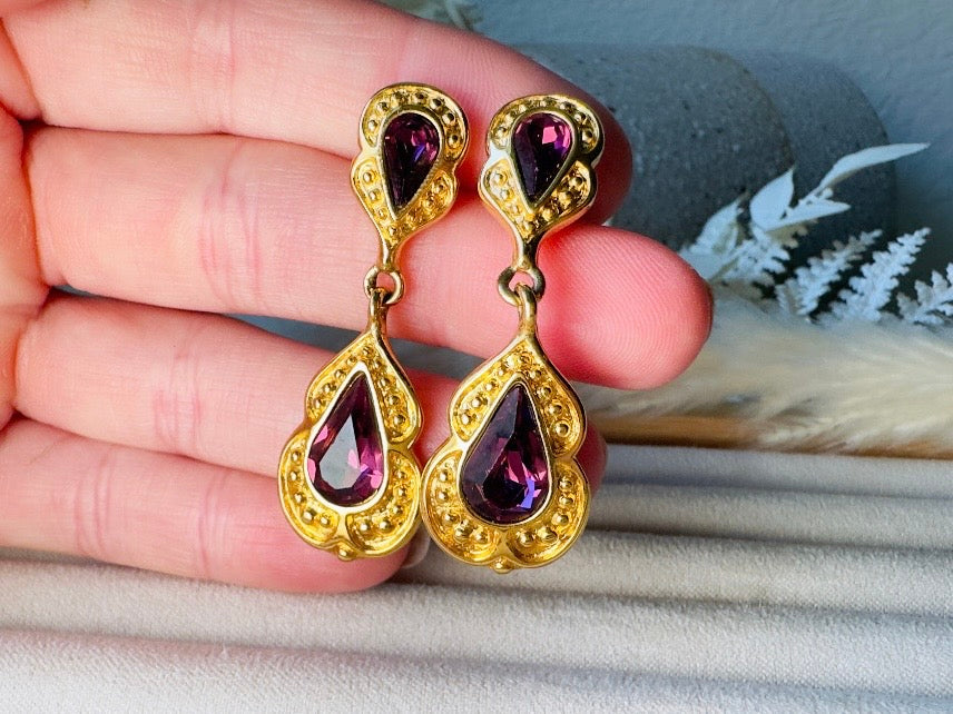 Purple and Gold Vintage Drop Earrings, Elegant Signed Napier Dangle Earrings with Deep Amethyst Rhinestones