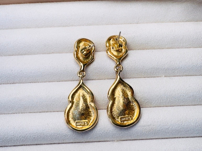 Purple and Gold Vintage Drop Earrings, Elegant Signed Napier Dangle Earrings with Deep Amethyst Rhinestones
