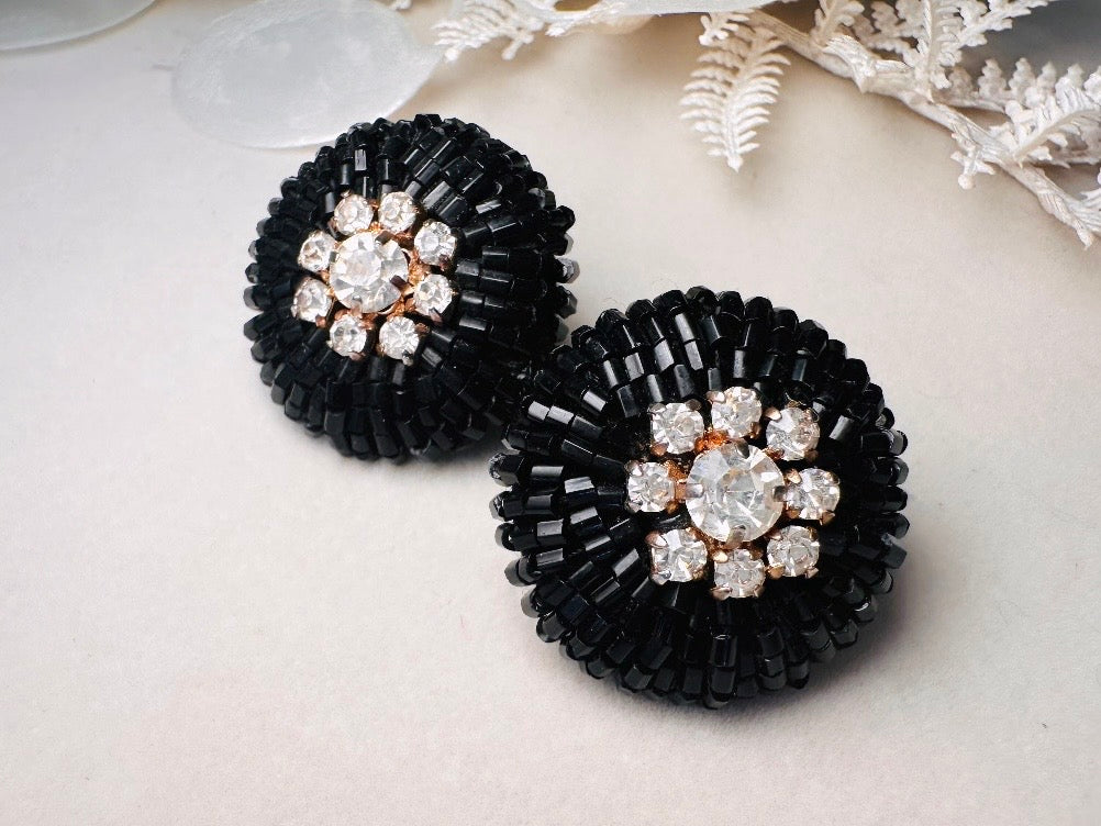 Rare 1960s Vintage Beaded Statement Earrings, Black Glass and Rhinestone Glam Clip On Earrings