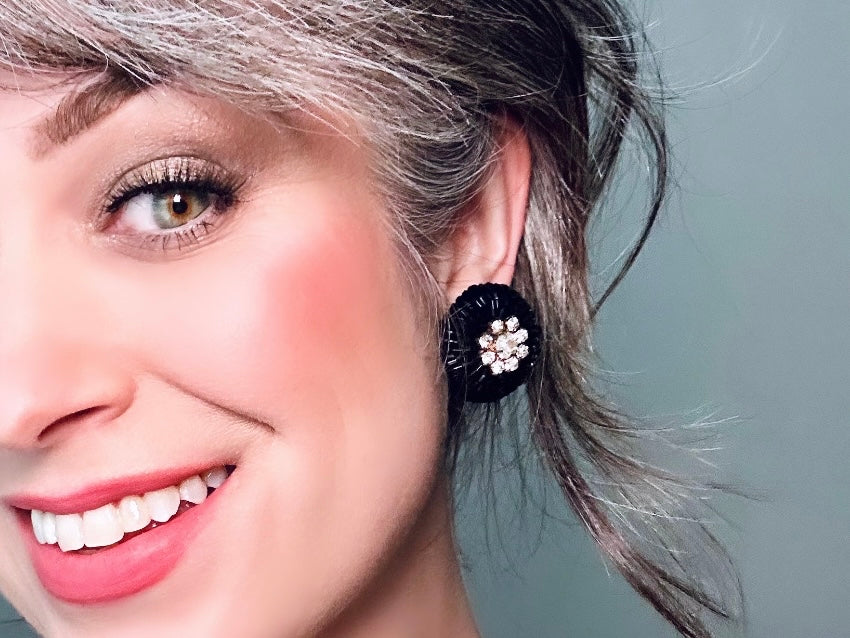 Rare 1960s Vintage Beaded Statement Earrings, Black Glass and Rhinestone Glam Clip On Earrings