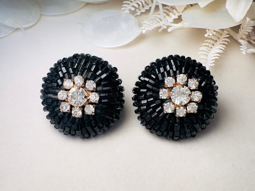 Rare 1960s Vintage Beaded Statement Earrings, Black Glass and Rhinestone Glam Clip On Earrings