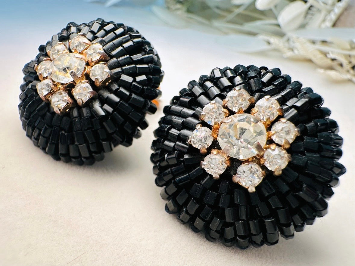 Rare 1960s Vintage Beaded Statement Earrings, Black Glass and Rhinestone Glam Clip On Earrings