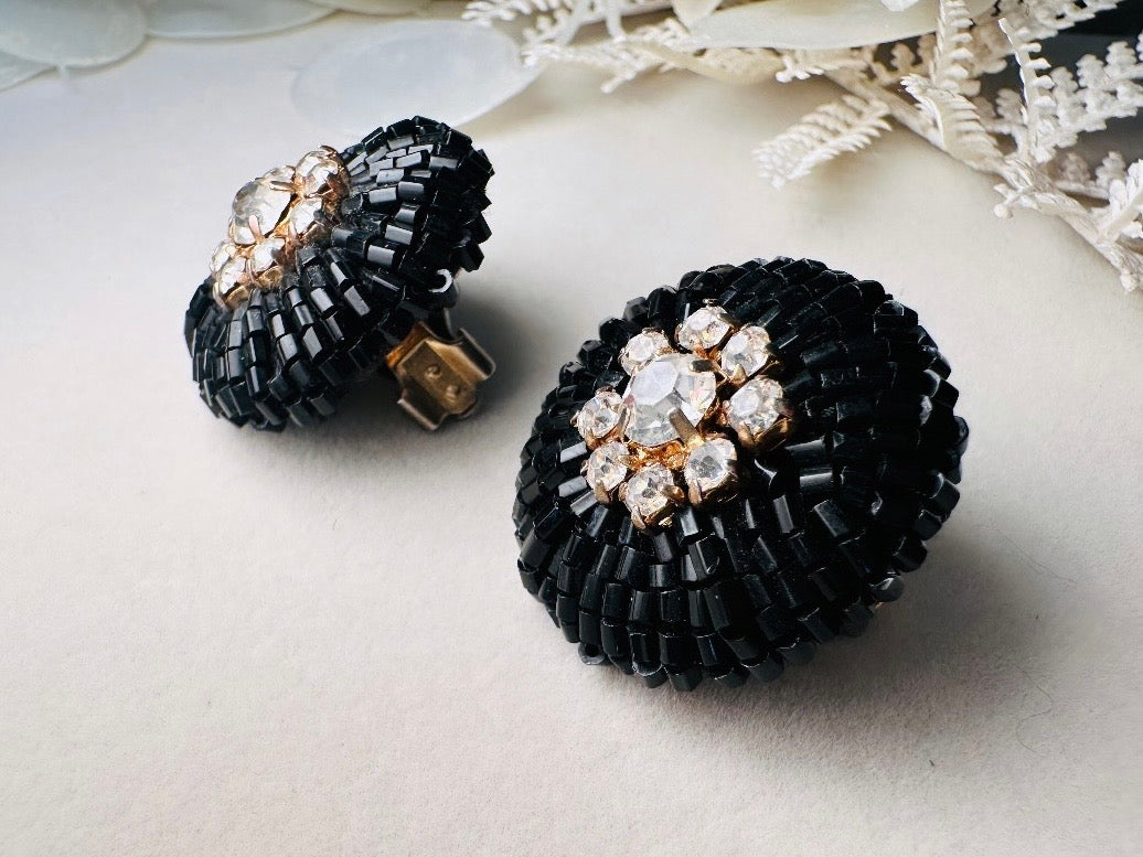 Rare 1960s Vintage Beaded Statement Earrings, Black Glass and Rhinestone Glam Clip On Earrings