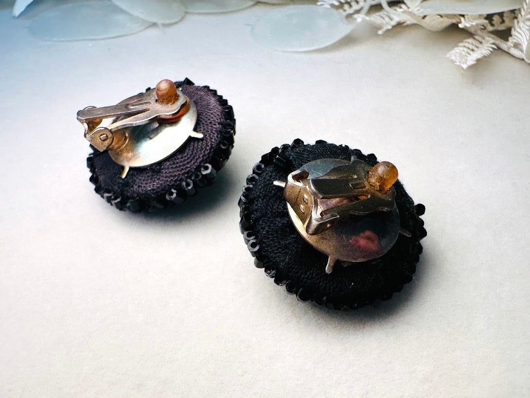 Rare 1960s Vintage Beaded Statement Earrings, Black Glass and Rhinestone Glam Clip On Earrings