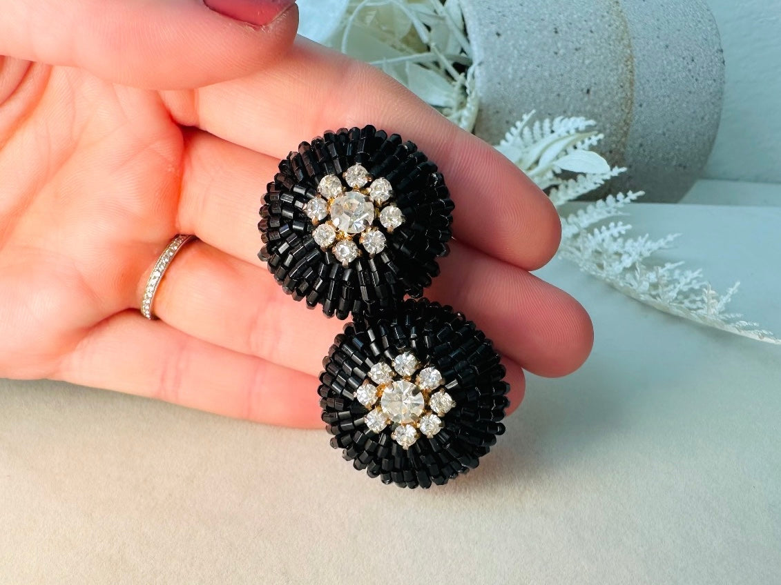 Rare 1960s Vintage Beaded Statement Earrings, Black Glass and Rhinestone Glam Clip On Earrings