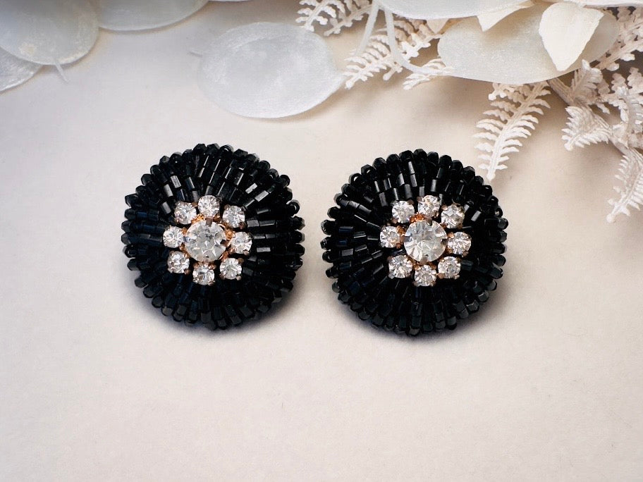 Rare 1960s Vintage Beaded Statement Earrings, Black Glass and Rhinestone Glam Clip On Earrings