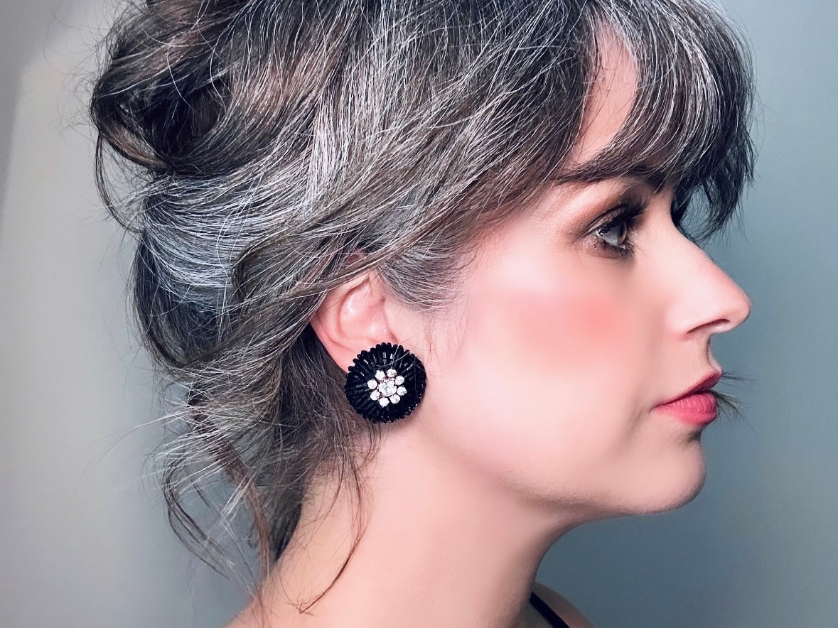 Rare 1960s Vintage Beaded Statement Earrings, Black Glass and Rhinestone Glam Clip On Earrings