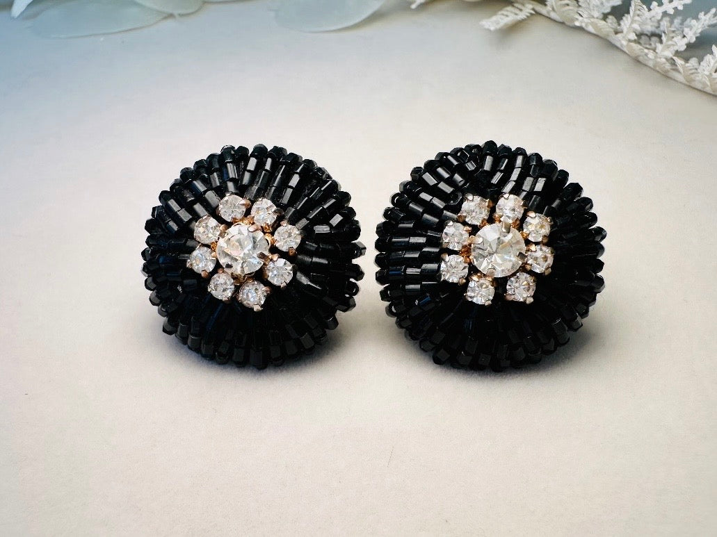 Rare 1960s Vintage Beaded Statement Earrings, Black Glass and Rhinestone Glam Clip On Earrings