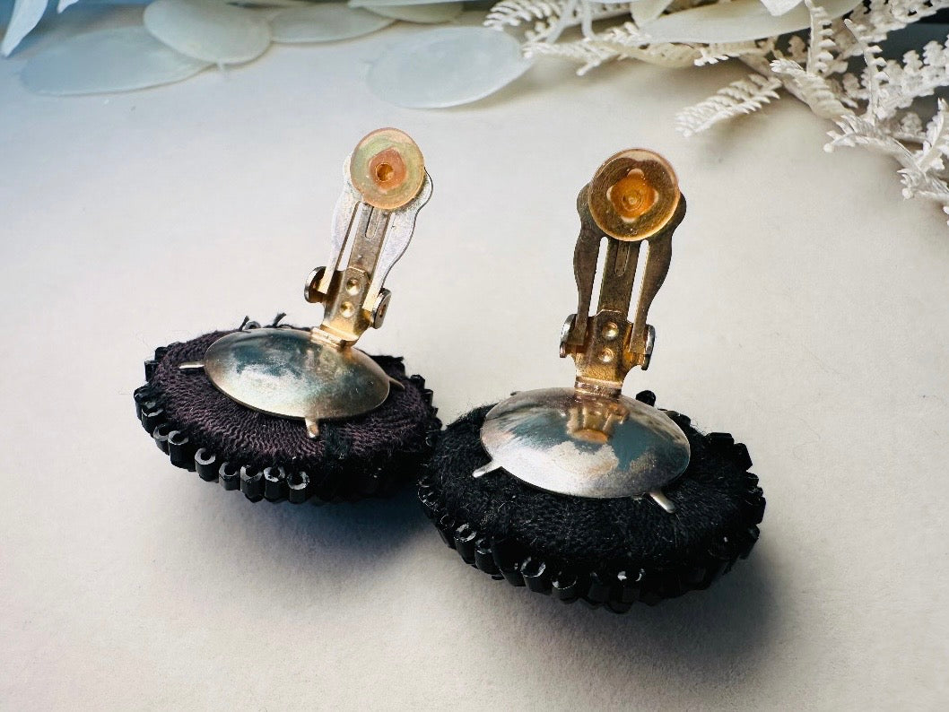 Rare 1960s Vintage Beaded Statement Earrings, Black Glass and Rhinestone Glam Clip On Earrings