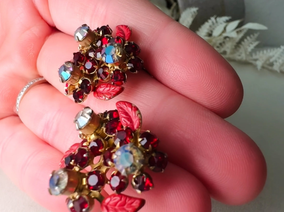 Red Crystal Flower Earrings, Vintage WEISS Rhinestone Earrings, 40s Floral Rhinestone Clip On Earrings, with Matte Red Enamel Leaves
