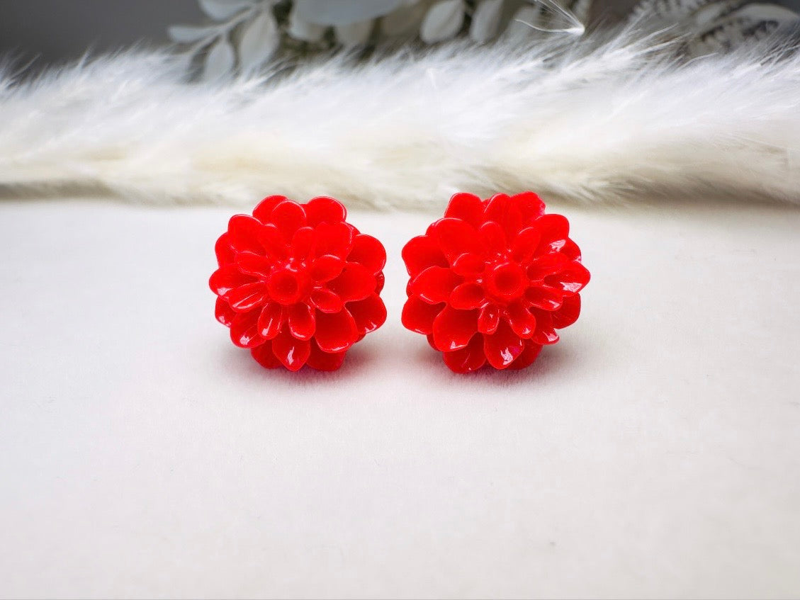 Red Flower Earrings, Handmade Floral Cabochon Resin Stud Earrings with Hypoallergenic Posts