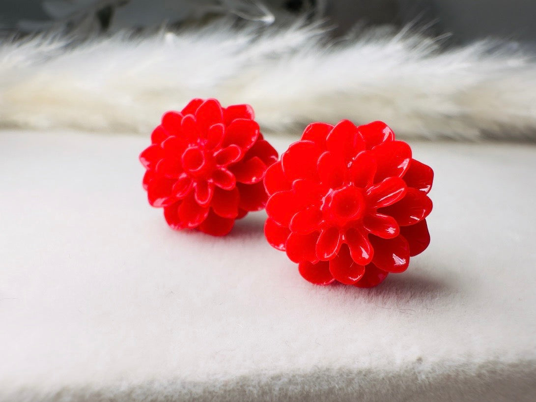 Red Flower Earrings, Handmade Floral Cabochon Resin Stud Earrings with Hypoallergenic Posts