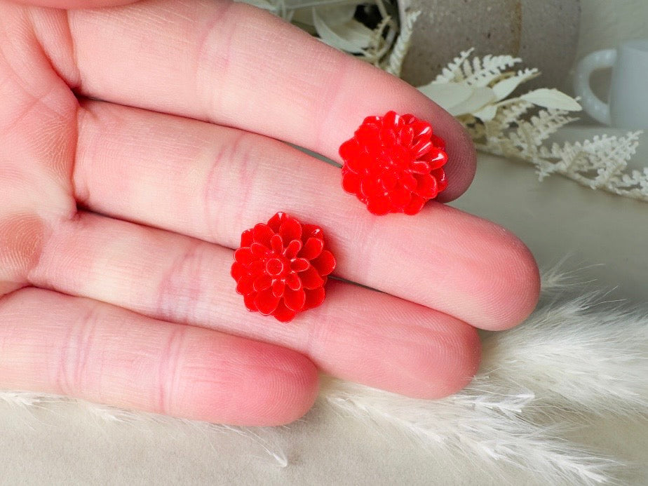 Red Flower Earrings, Handmade Floral Cabochon Resin Stud Earrings with Hypoallergenic Posts